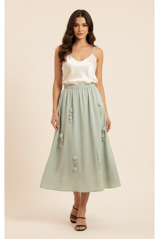 Francine Skirt Sage — Front, cream cami