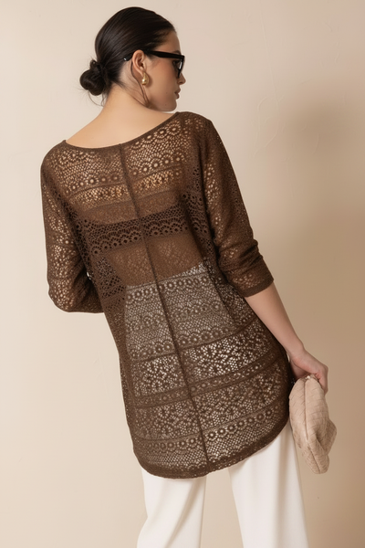 Back view of chocolate brown sheer crochet lace top with 3/4 sleeves