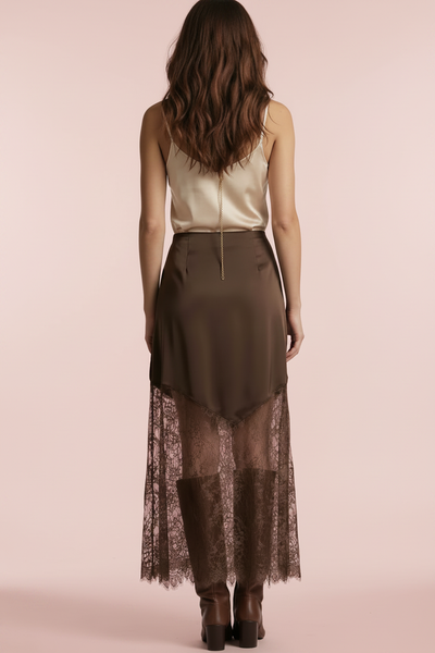 Back view of chocolate brown satin lace hem midi skirt on blush pink background