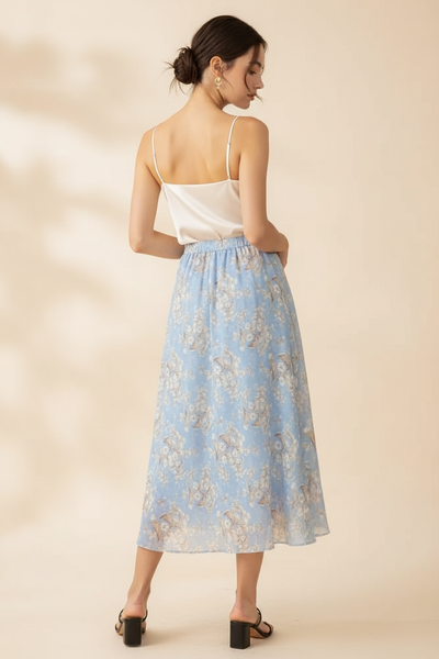 Jennifer Blue Print Skirt — Back, cream top