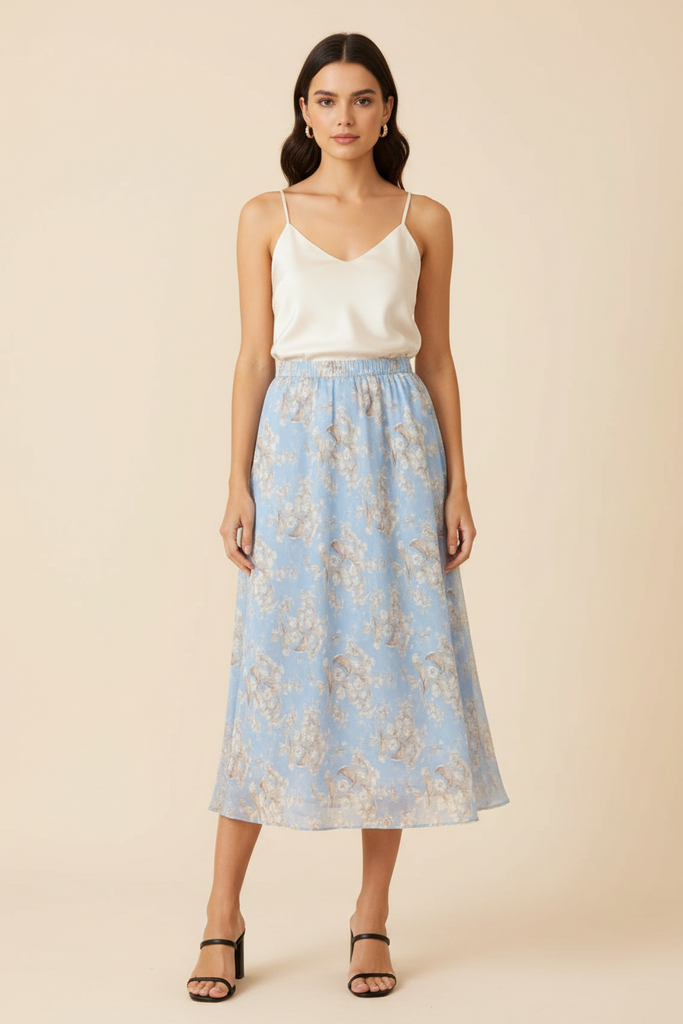 Jennifer Blue Print Skirt — Front, cream top