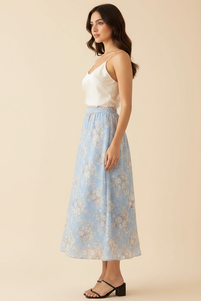 Jennifer Blue Print Skirt — Side, cream top