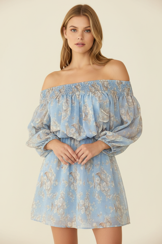 Jennifer Print Top Blue — Front View, cream background