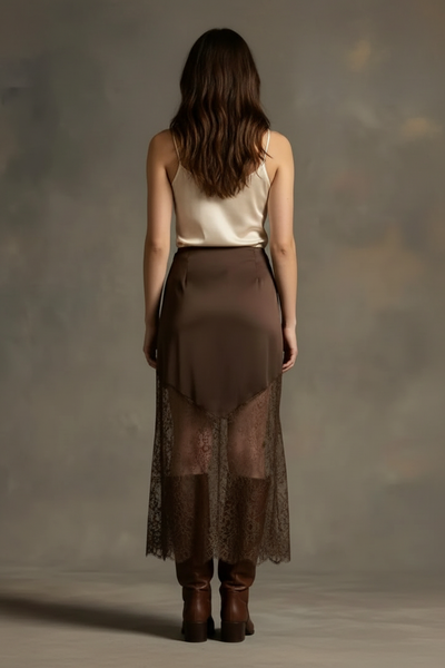 Martina Satin Lace Skirt Chocolate — Back View