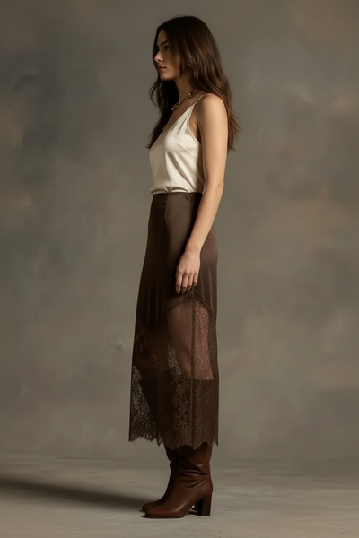 Martina Satin Lace Skirt Chocolate — Side View