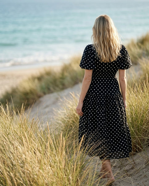 Puff-sleeve tiered midi dress — On Model - Coastal Editorial | Generated by Modelize