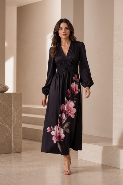 Portwine Magnolia Print Dress – Front