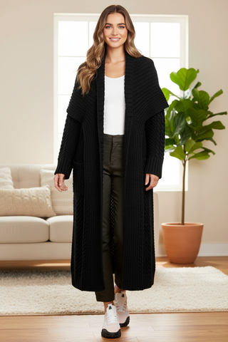 Sass Long Cardigan Black – Front
