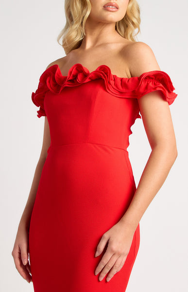 Off Shoulder Frill Formal Dress Red
