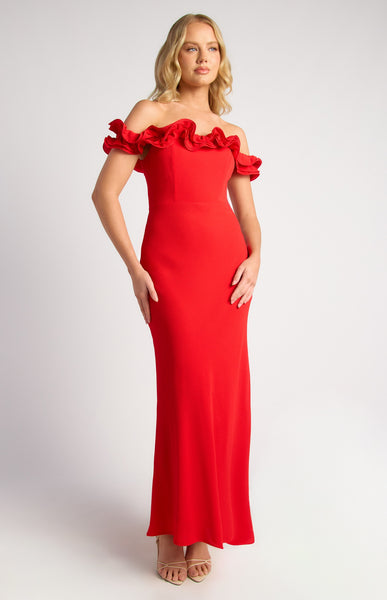 Off Shoulder Frill Formal Dress Red