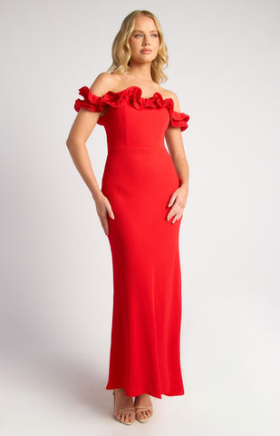 Off Shoulder Frill Formal Dress Red