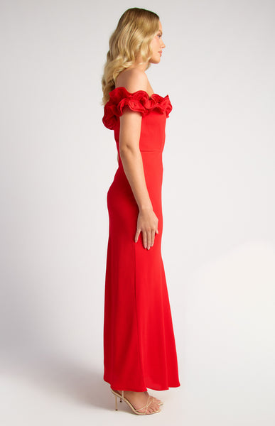 Off Shoulder Frill Formal Dress Red