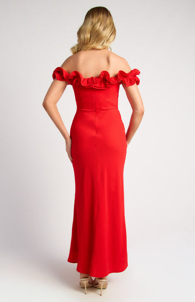 Off Shoulder Frill Formal Dress Red