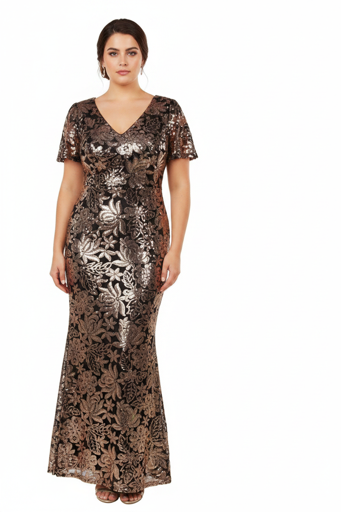 Shania Formal Dress Curve Black Gold — Size 18 Model, Front