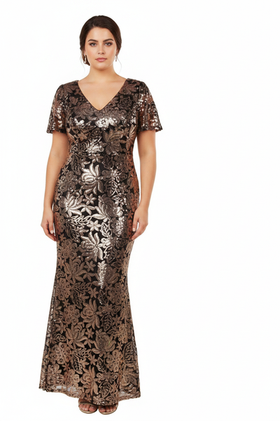 Shania Formal Dress Curve Black Gold — Size 18 Model, Front