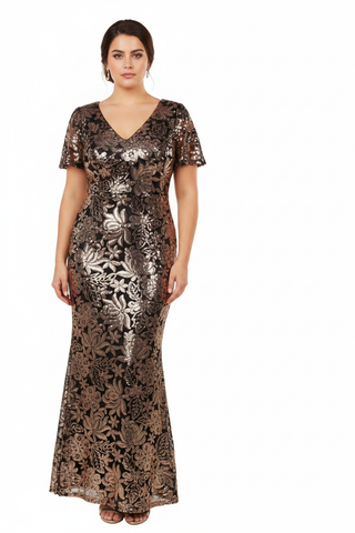 Shania Formal Dress Curve Black Gold — Size 18 Model, Front