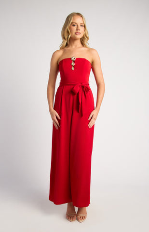 Gold Floral Detail Jumpsuit Red