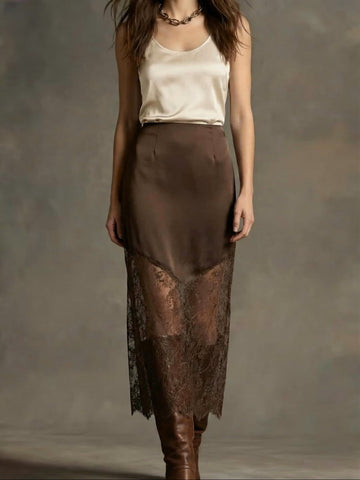 Martina Satin Lace Skirt Reddish Brown